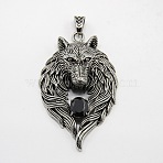 Retro Men's 304 Stainless Steel Steel Big Wolf Head Pendants, with Rhinestone, Antique Silver, Jet, 74x45x18mm, Hole: 10x7mm(STAS-O044-52A)