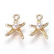 Alloy Pendants, with Acrylic Imitation Pearl, Starfish/Sea Stars, Golden, 17x11.5x4.5mm, Hole: 2mm(PALLOY-E423-07G)