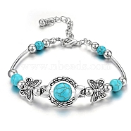 Natural Turquoise Bead Bracelets, Alloy Butterfly & Tube Bracelets for Women, Antique Silver, Inner Diameter: 2-3/4 inch(7cm)(PW-WGFCF02-01)