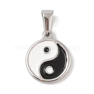 304 Stainless Steel Pendants, with Enamel, Flat Round with Yin-yang Charm, Stainless Steel Color, 18.5x15.5x2.5mm, Hole: 3.5x6.5mm(STAS-S001-01P-B)