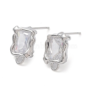 Brass Stud Earring Finding, with Clear Glass and Horizontal Loops, Rectangle, Real Platinum Plated, 13.5x9mm, Hole: 1.8mm, Pin: 0.7mm(KK-C031-29P)