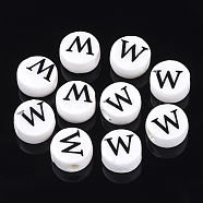 Handmade Porcelain Beads, Horizontal Hole, Flat Round with Letter, White, Letter.W, 8~8.5x4.5mm, Hole: 2mm(PORC-Q259-01W)