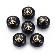 Handmade Lampwork Beads, with Golden Plated Brass Etched Metal Embellishments, Flat Round with Peace Sign, Black, 8x5~6mm, Hole: 0.8mm(LAMP-S196-018)