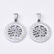 201 Stainless Steel Pendants, with Random Size Snap On Bails and Polymer Clay Crystal Rhinestones, Flat Round with Tree, Stainless Steel Color, 23x20x2.5mm, Hole: 8~10x3~5mm(STAS-N089-45P)