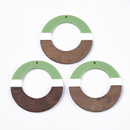 Resin & Walnut Wood Pendants, Tri-color, Flat Round, Light Green, 49x3~3.5mm, Hole: 2mm(RESI-S358-96I)
