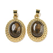 Natural Bronzite Oval Pendants, Rack Plating Brass Gems Charms, Golden, 27.5x19.5x8mm, Hole: 5x4mm(G-B079-02G-02)