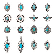 16Pcs 8 Style Tibetan Style Alloy Pendants, with Synthetic Turquoise, Antique Silver, 28.5~71.5x22~34.5x5~8.5mm, Hole: 1.6~3.6mm, 2pcs/style(FIND-SW0001-12)