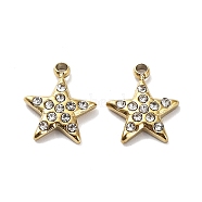 Ion Plating(IP) 304 Stainless Steel Pendants, with Crystal Rhinestone, Star Charm, Real 18K Gold Plated, 10x8.5x2mm, Hole: 1.2mm(STAS-Q254-12G)