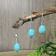 Synthetic Turquoise Pendant Necklaces & Dangle Earrings Sets, Alloy Jewelry Sets, Antique Silver, Teardrop, 52x15mm(WGE96E9-04)