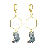 Rack Plating Alloy Cat Dangle Leverback Dangle Earrings, Golden Brass Long Drop Earrings, Slate Gray, 66x19.5mm(EJEW-JE05502-04)
