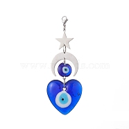 Handmade Evil Eye Lampwork Pendants Decorations, 201 Stainless Steel Moon Star and Lobster Claw Clasps Charms, Heart, 101mm(HJEW-JM01008-03)