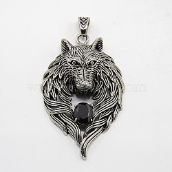 Retro Men's 304 Stainless Steel Steel Big Wolf Head Pendants, with Rhinestone, Antique Silver, Jet, 74x45x18mm, Hole: 10x7mm(STAS-O044-52A)