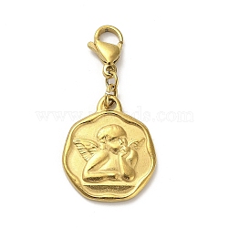 304 Stainless Stee Pendant Decoration, with Lobster Clasp Charms, for Keychain, Purse, Backpack Ornament, Real 18K Gold Plated, Flat Round, Angel & Fairy, 36mm(KEYC-B018-01G-03)