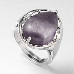 Teardrop Platinum Tone Brass Gemstone Adjustable Wide Band Rings, Amethyst, 18mm, Tray: 20x17mm(RJEW-L062-02F)