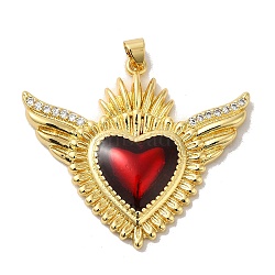 Rack Plating Brass Micro Pave Cubic Zirconia with Epoxy Resin Pendants, Cadmium Free & Lead Free, Real 18K Gold Plated, Long-Lasting Plated, Heart with Wing, Red, 37x42x5.5mm, Hole: 3x5mm(KK-P241-39G)