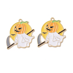 Halloween Theme Alloy Enamel Pendants, Light Gold, Ghost with Pumpkin, Orange, 32.5x29x1mm, Hole: 2mm(FIND-E024-04LG)