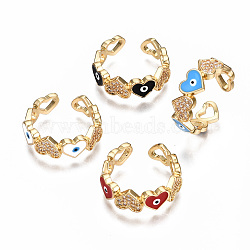 Brass Micro Pave Clear Cubic Zirconia Cuff Rings, Open Rings, with Enamel, Nickel Free, Heart with Evil Eye, Real 16K Gold Plated, Mixed Color, US Size 7 3/4(17.9mm)(RJEW-N035-013-NF)