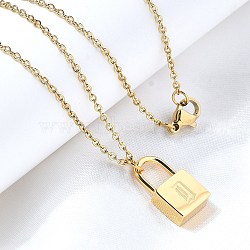 304 Stainless Steel Rolo Chain Pendant Necklaces, Padlock Necklaces for Women Men, Locks with Letter, Letter D, 17.64 inch(44.8cm)(NJEW-S444-01G-04)