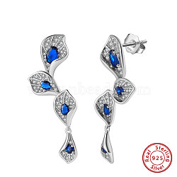 925 Sterling Silver Cubic Zirconia Leaf Stud Earrings, Real Platinum Plated, 43x15mm(EJEW-L294-011P)