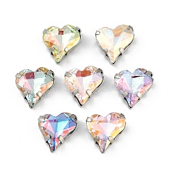 Brass Glass Rhinestone Sew on Rhinestones, Heart, Faceted, Mixed Color, Platinum, 12.5x12.5x6mm, Hole: 0.8mm(RGLA-U001-05P-02)