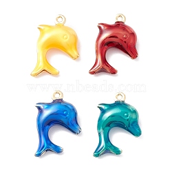Rack Plating Brass Enamel  Pendants, Long-Lasting Plated, Real 18K Gold Plated, Cadmium Free & Nickel Free & Lead Free, Dauphin, Mixed Color, 21x14.5x5.5mm, Hole: 1.2mm(KK-B053-07G)