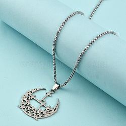 304 Stainless Steel Hollow Crescent Moon Pendant Box Chain Necklaces, Stainless Steel Color, 23.39 inch(59.4cm)(NJEW-M086-02P)