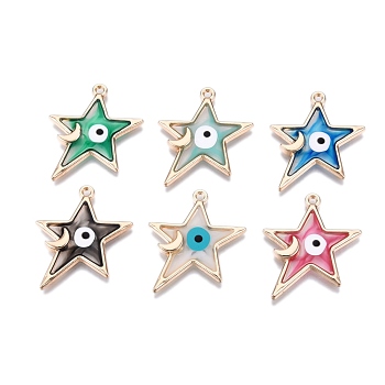 Alloy Enamel Pendants, Golden, Star with Moon and Evil Eye, Mixed Color, 28.5x24x2mm, Hole: 1.5mm