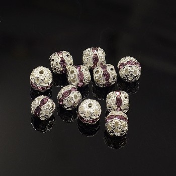 Brass Rhinestone Beads, Silver Color, Lt.Amethyst, Round, about 6mm in diameter, hole: 1mm