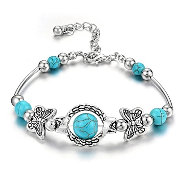 Natural Turquoise Bead Bracelets, Alloy Butterfly & Tube Bracelets for Women, Antique Silver, Inner Diameter: 2-3/4 inch(7cm)