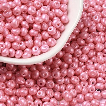 6/0 Glass Seed Beads, Opaque Colours Luster, Teardrop, Pearl Pink, 4~5x4~4.5x3~4mm, Hole: 0.8~0.9mm, about 5625pcs/pound