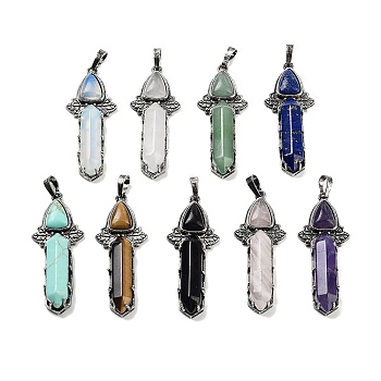 Natural & Synthetic Mixed Gemstone Sword Big Pendants, Rack Plating Antique Silver Plated Brass Charms, Cadmium Free & Lead Free, 51x20x9mm, Hole: 6.5x5mm