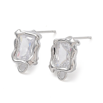 Brass Stud Earring Finding, with Clear Glass and Horizontal Loops, Rectangle, Real Platinum Plated, 13.5x9mm, Hole: 1.8mm, Pin: 0.7mm