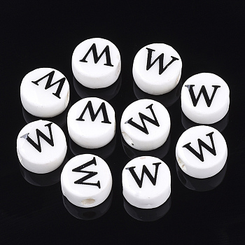 Handmade Porcelain Beads, Horizontal Hole, Flat Round with Letter, White, Letter.W, 8~8.5x4.5mm, Hole: 2mm