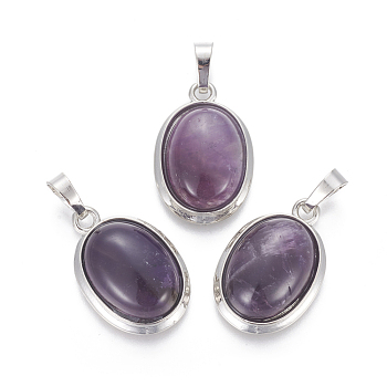 Natural Amethyst Pendants, with Brass Findings, Oval, Platinum, 25~26x17~17.5x8~9mm, Hole: 8x5mm