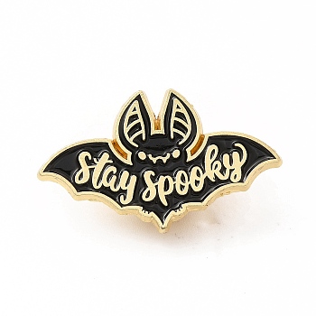 Bat with Word Stay Spooky Enamel Pin, Golden Alloy Brooch for Backpack Clothes, Black, 18x30x1.5mm