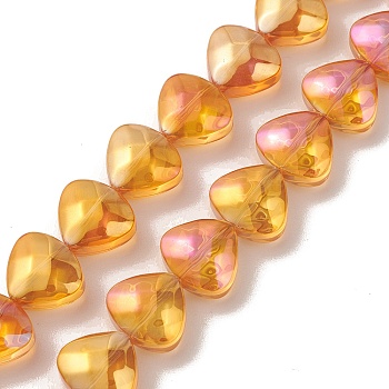 Transparent Electroplate Glass Bead Strands, Rainbow Plated, Heart, Orange, 12x13x7mm, Hole: 1mm, about 55pcs/strand, 25.51''(64.8cm)
