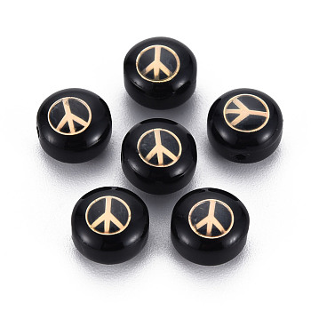 Handmade Lampwork Beads, with Golden Plated Brass Etched Metal Embellishments, Flat Round with Peace Sign, Black, 8x5~6mm, Hole: 0.8mm