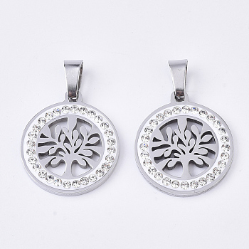 201 Stainless Steel Pendants, with Random Size Snap On Bails and Polymer Clay Crystal Rhinestones, Flat Round with Tree, Stainless Steel Color, 23x20x2.5mm, Hole: 8~10x3~5mm