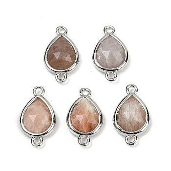 Natural Sunstone Faceted Connector Charms, Rack Plating Brass Teardrop Links, Platinum, 16.5x9.5x4mm, Hole: 1.4mm