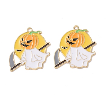 Halloween Theme Alloy Enamel Pendants, Light Gold, Ghost with Pumpkin, Orange, 32.5x29x1mm, Hole: 2mm