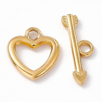 Ion Plating(IP) 304 Stainless Steel Toggle Clasps, Heart, Real 18K Gold Plated, Heart: 14.5x13x2mm, Hole: 2mm, 6x9mm inner diameter, Bar: 7x20x2mm, hole: 2mm