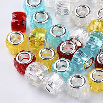 Transparent Resin European Beads, Large Hole Beads, with Silver Color Plated Double Brass Cores, Faceted, Column, Mixed Color, 11.5x8mm, Hole: 5mm