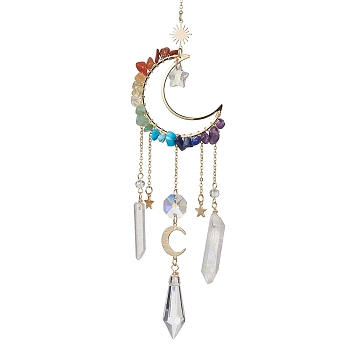 Natural & Synthetic Mixed Stone Wire Wrapped Moon Hanging Ornaments, Cone Glass Tassel Suncatchers for Home Outdoor Decoration, 305x33mm