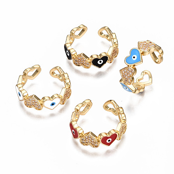 Brass Micro Pave Clear Cubic Zirconia Cuff Rings, Open Rings, with Enamel, Nickel Free, Heart with Evil Eye, Real 16K Gold Plated, Mixed Color, US Size 7 3/4(17.9mm)