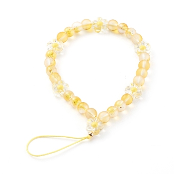 Frosted Round Spray Painted Glass Beaded Mobile Straps, with Acrylic Flower Beads and Nylon Thread, Gold, 19cm