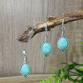 Synthetic Turquoise Pendant Necklaces & Dangle Earrings Sets, Alloy Jewelry Sets, Antique Silver, Teardrop, 52x15mm