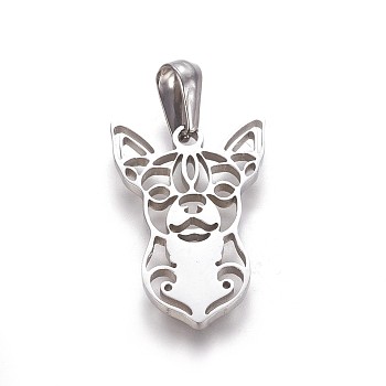 304 Stainless Steel Puppy Pendants, Chihuahua Dog, Stainless Steel Color, 25x17x2mm, Hole: 3x6.8mm