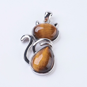 Natural Tiger Eye Kitten Pendants, with Brass Findings, Cat Silhouette Shape, Platinum, 45x27x8mm, Hole: 5x7mm