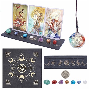 DIY Tarot Divination Kits, including Resin & Gemstone 7 Chakra Pendant Necklace, Gemstone Beads, Wooden Card Stand Holder, Non-woven Altar Tablecloth and Iron Challenge Coin