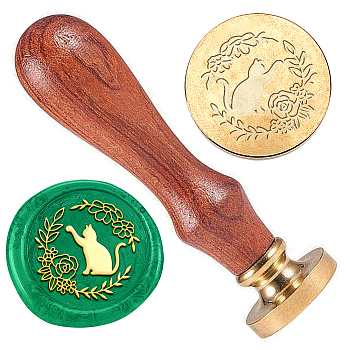 Wax Seal Stamp Set, Golden Tone Sealing Wax Stamp Solid Brass Head, with Retro Wood Handle, for Envelopes Invitations, Gift Card, Cat Shape, 83x22mm, Stamps: 25x14.5mm